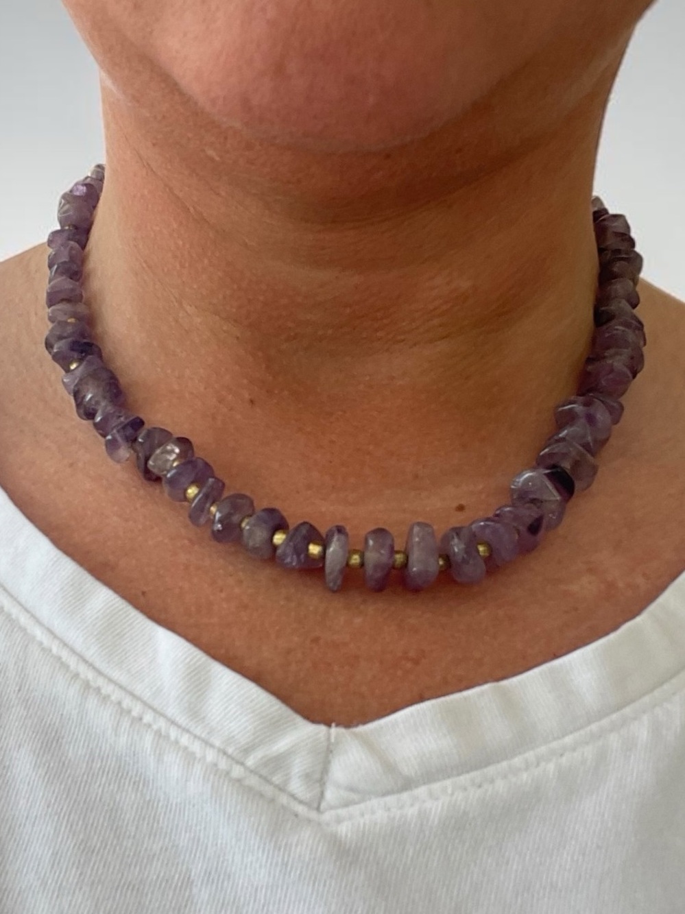 Natural Amethyst Chip Necklace Gold Tone Spacer Beads Barrel Clasp